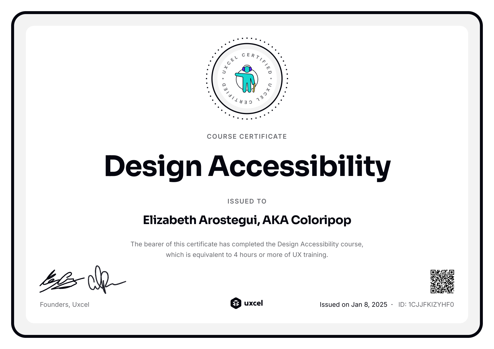 Elizabeth Arostegui, AKA Coloripop's certificate